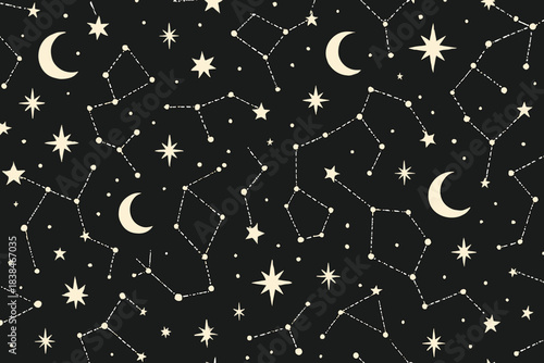 Night sky design featuring stars and moons with constellations on a dark background