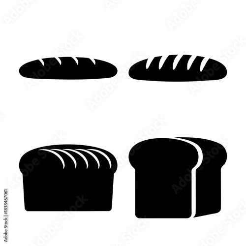 Bread loaves and slices icon set, baked goods silhouette vector