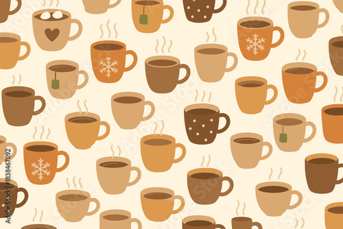 Multiple coffee cups with different designs and colors on a light background with steam coming from some cups