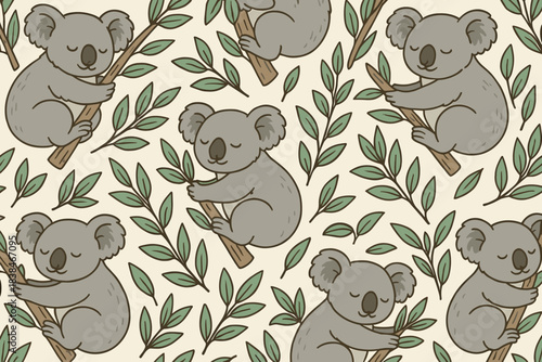 Koalas sitting on branches surrounded by leaves in a playful pattern design displayed on a light background