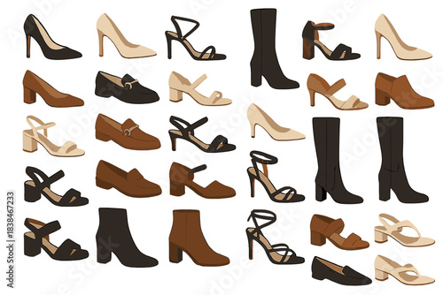 Various styles of shoes displayed on a white background in a casual arrangement