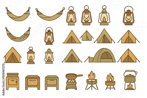 Collection of camping gear and equipment including hammocks, tents, and lanterns for outdoor adventures in nature