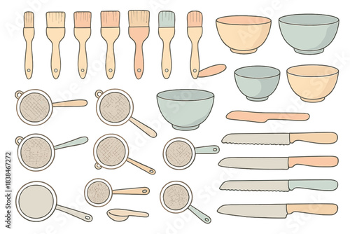 Various kitchen tools for cooking and baking displayed on a white background arranged neatly in groups
