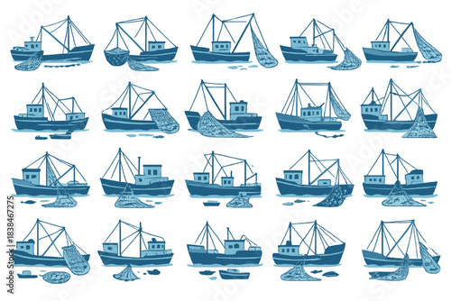 Fishing boats working on the water in a busy area during the daytime with nets and equipment in use