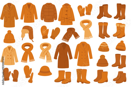 Collection of warm clothing items in shades of orange for winter seasons available in various styles and types