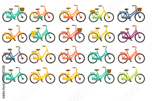 Different colors of bicycles are arranged in a grid showing various styles in a simple design