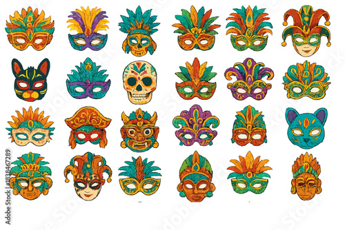 Colorful masks display from a mask-making festival in a vibrant cultural celebration showcasing various designs and styles