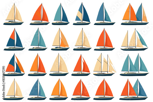 Colorful sailboats arranged in a grid with various sail designs on a white background