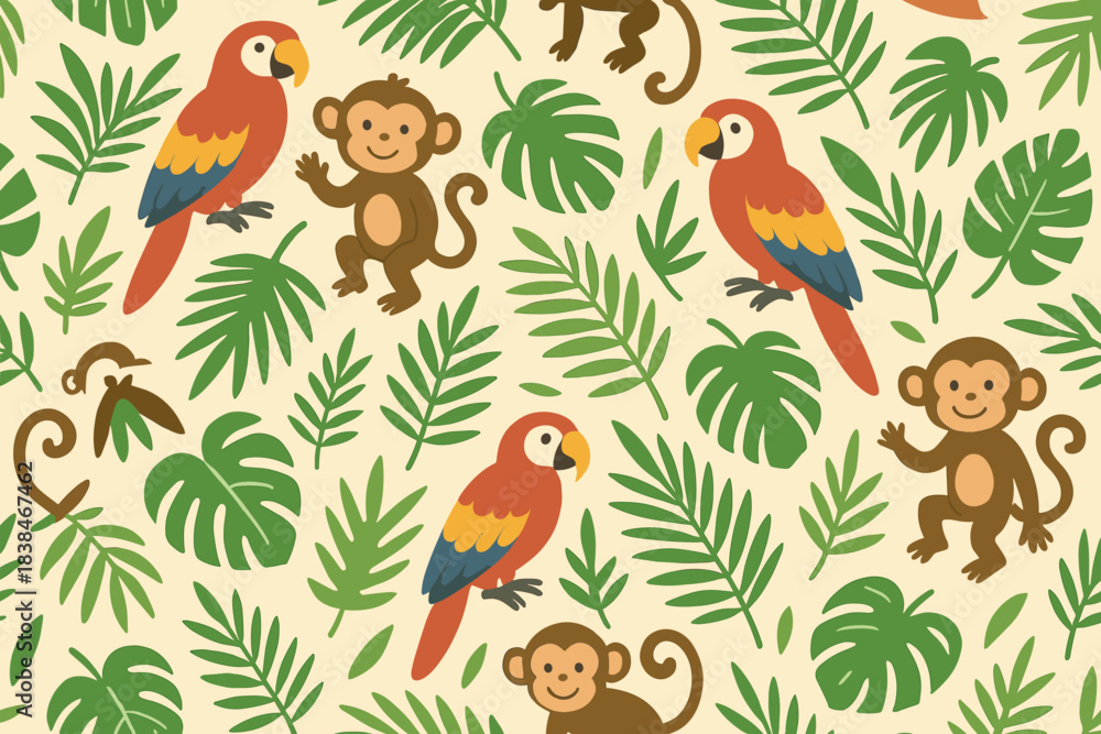 custom made wallpaper toronto digitalColorful parrots and playful monkeys on a light background with palm leaves