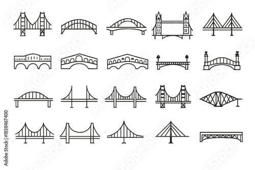 Different types of bridges drawn in simple style showcasing various designs and shapes with no colors