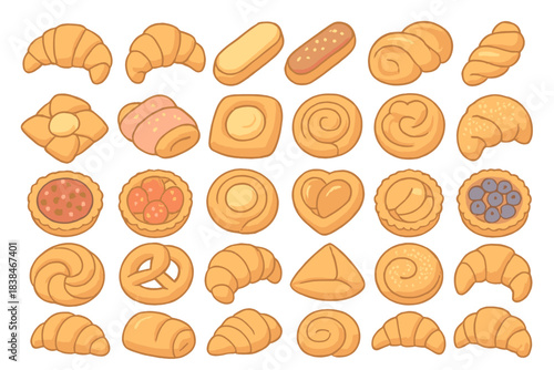Different types of baked goods arranged in a grid showing various shapes and sizes