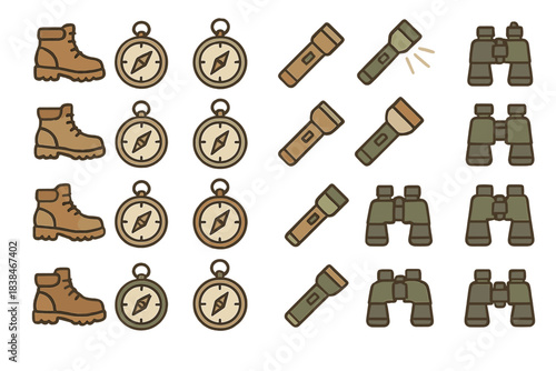 Collection of outdoor gear including boots, compasses, flashlights, and binoculars used for hiking and camping activities