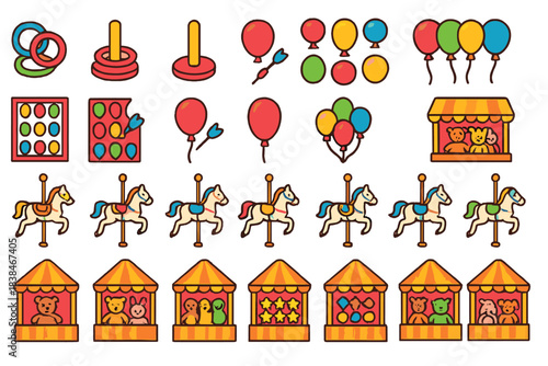 Colorful carnival games and decorations at a fun fair for all ages during daytime