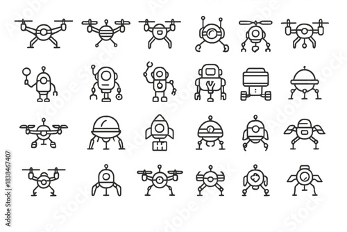 Various robot designs show different machines with unique features and structures created for different purposes and tasks in a simple style