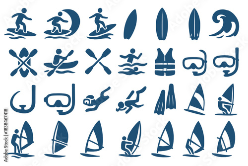 Collection of water sports icons showing different activities like surfing, kayaking, and snorkeling