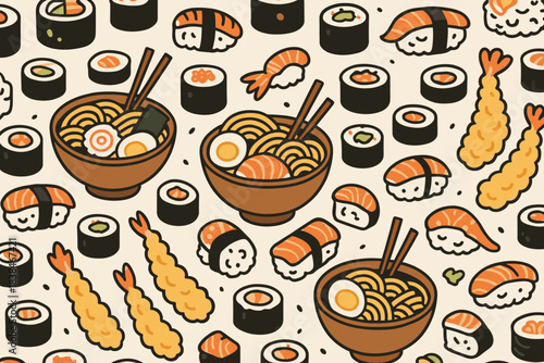 Various types of sushi and noodles arranged in a repeating pattern on a light background