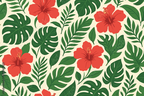 Bright red hibiscus flowers and green leaves create a lively tropical pattern on a light background