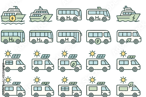 Various types of clean energy transportation shown through simple icons with boats, buses, and cars in a grid layout