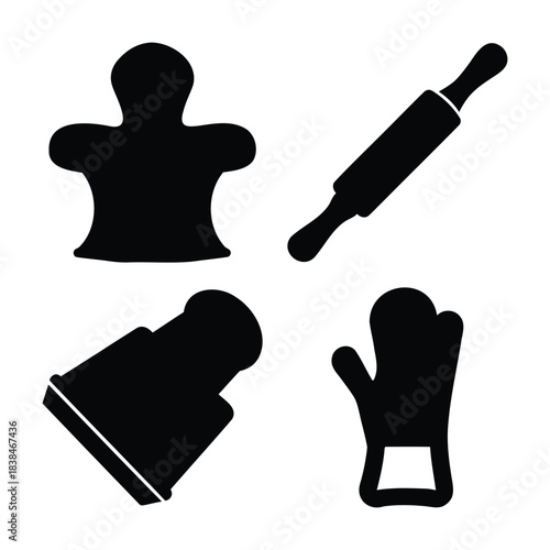 Baking and cooking kitchen tools, black silhouette icon set