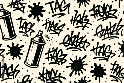 Spray paint cans and graffiti tags create a vibrant design on a light background in an urban art style
