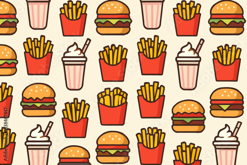 Fast food patterns showing burgers, fries, and drinks in a repeated design on a light background