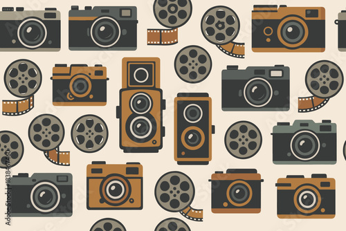 Multitude of cameras and film reels displayed together in a creative pattern