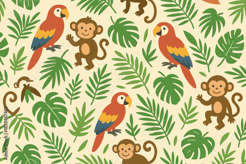 Colorful parrots and playful monkeys on a light background with palm leaves