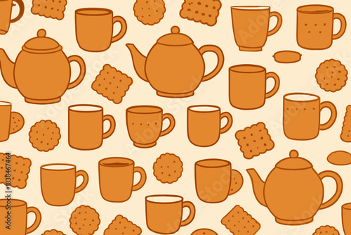 Different types of tea, cups, and cookies arranged on a light background in a simple design