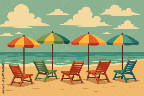 Colorful beach chairs and umbrellas lined up on a sandy shore near the ocean during a sunny day