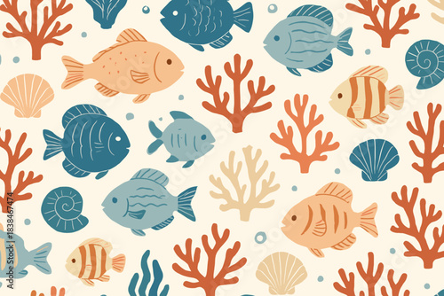 Colorful design featuring different types of fish coral and seashells on a light background ideal for ocean-themed decor