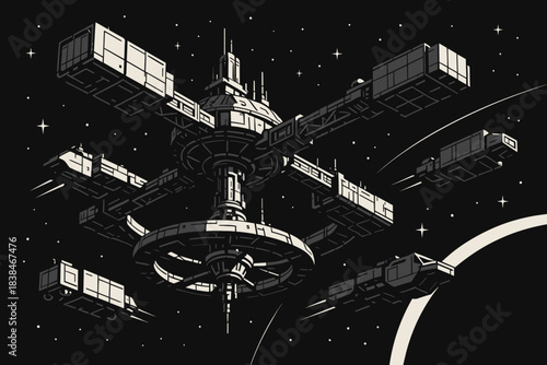 Spaceship and station explore vast area in open space with bright stars and distant planet in view