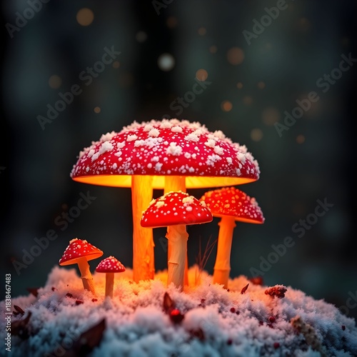 Magical Red Mushrooms Illuminating a Frosted Winter Woodland