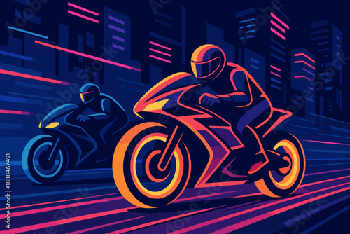 Night motorcycle race on city streets with two riders speeding through urban landscape