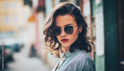 Stylish Young Woman In Shades Poses With Confidence On City Sidewalk, Her Casual Elegance Perfect For Contemporary Living Trends.