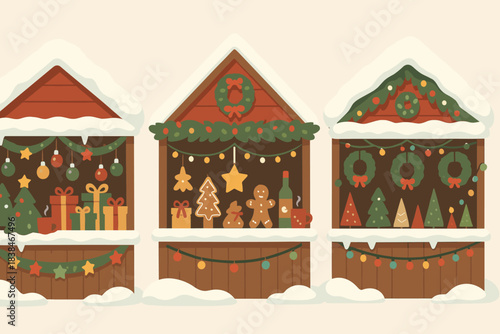 Shops filled with holiday decorations and gifts in a winter scene with snow on rooftops and festive ornaments hanging