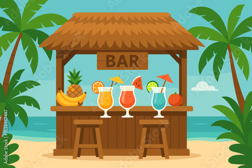 Bar at the beach with colorful drinks, fruits, and tropical setting during daytime with palm trees