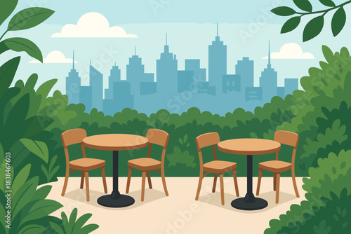 Outdoor seating area with tables and chairs overlooking a city skyline surrounded by greenery