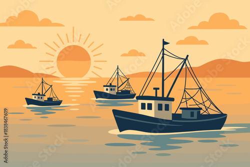 Fishermen in boats on the water during sunset with sun setting behind hills in the background