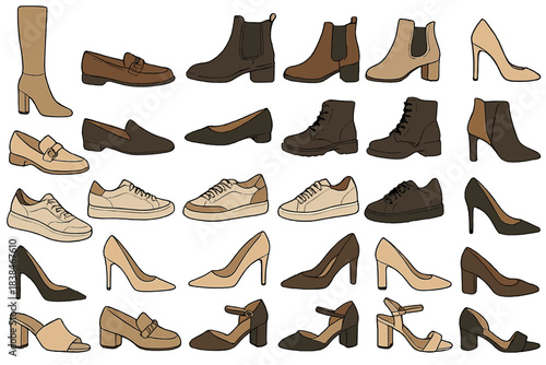 Different types of shoes displayed in various styles and colors arranged in a grid pattern on a plain background