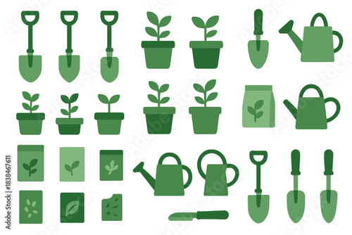 Gardening tools and supplies shown in a simple design with pots and plants arranged in a grid pattern