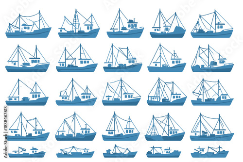 Different types of fishing boats displayed in a pattern on a plain background