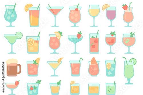 Different types of drinks organized in a grid on a light background for use in menus or designs