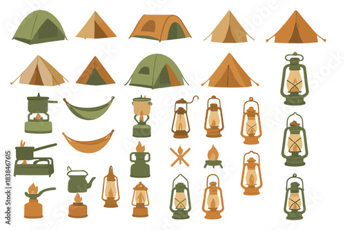 Camping gear and equipment arranged for outdoor activities at a campsite with tents, lanterns, and cooking tools