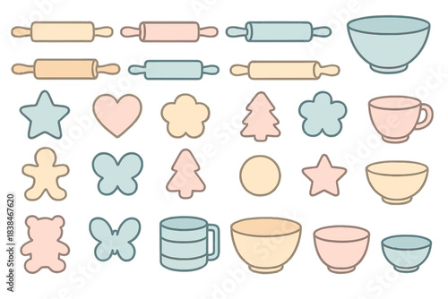 Different shapes and kitchen items for baking and cooking displayed on a plain background during a crafting session
