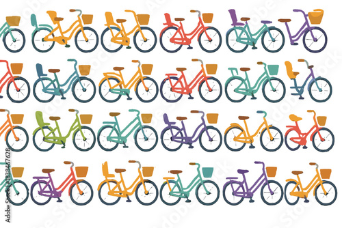 Colorful bicycles arranged in rows on a white background showing various designs and styles for riding