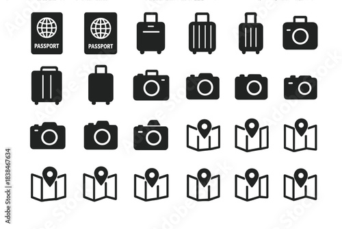 Icons showing travel and tourism items such as passports, luggage, and cameras in black on a white background