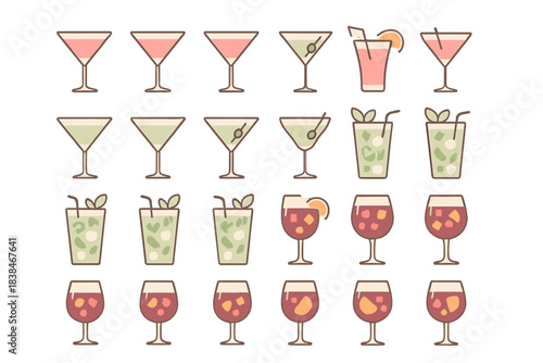 Colorful drinks in various glasses arranged in rows on a simple background showing different drink types and styles