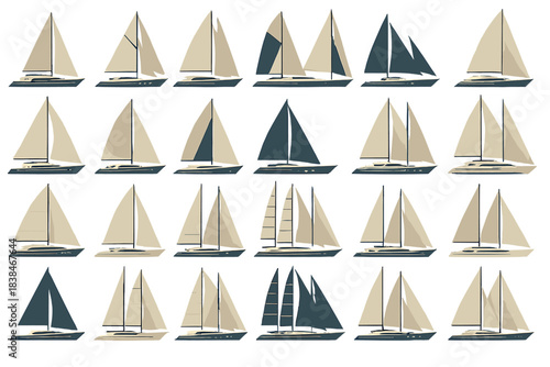Different types of sailboats on water with varying sail positions and designs in a simple layout