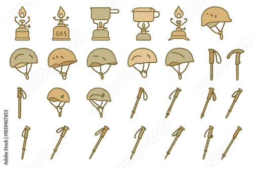 Various types of camping gear including stoves, helmets, and hiking poles in a simple design layout