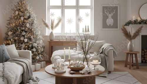 Cozy and Elegant Christmas Living Room Decor with White and Silver Accents
